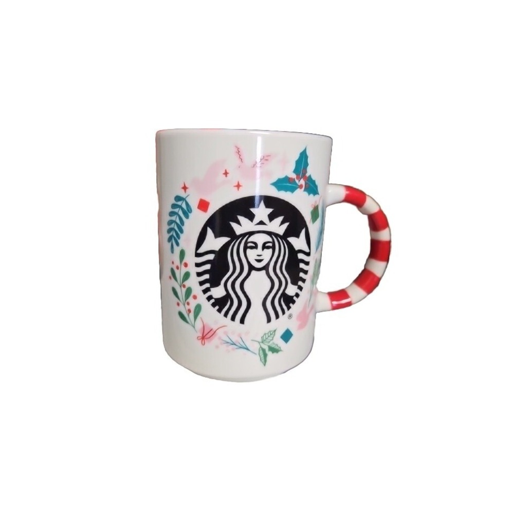 Starbucks Coffee Mug Holiday Siren Wreath Cup 12 oz Candy Cane Handle